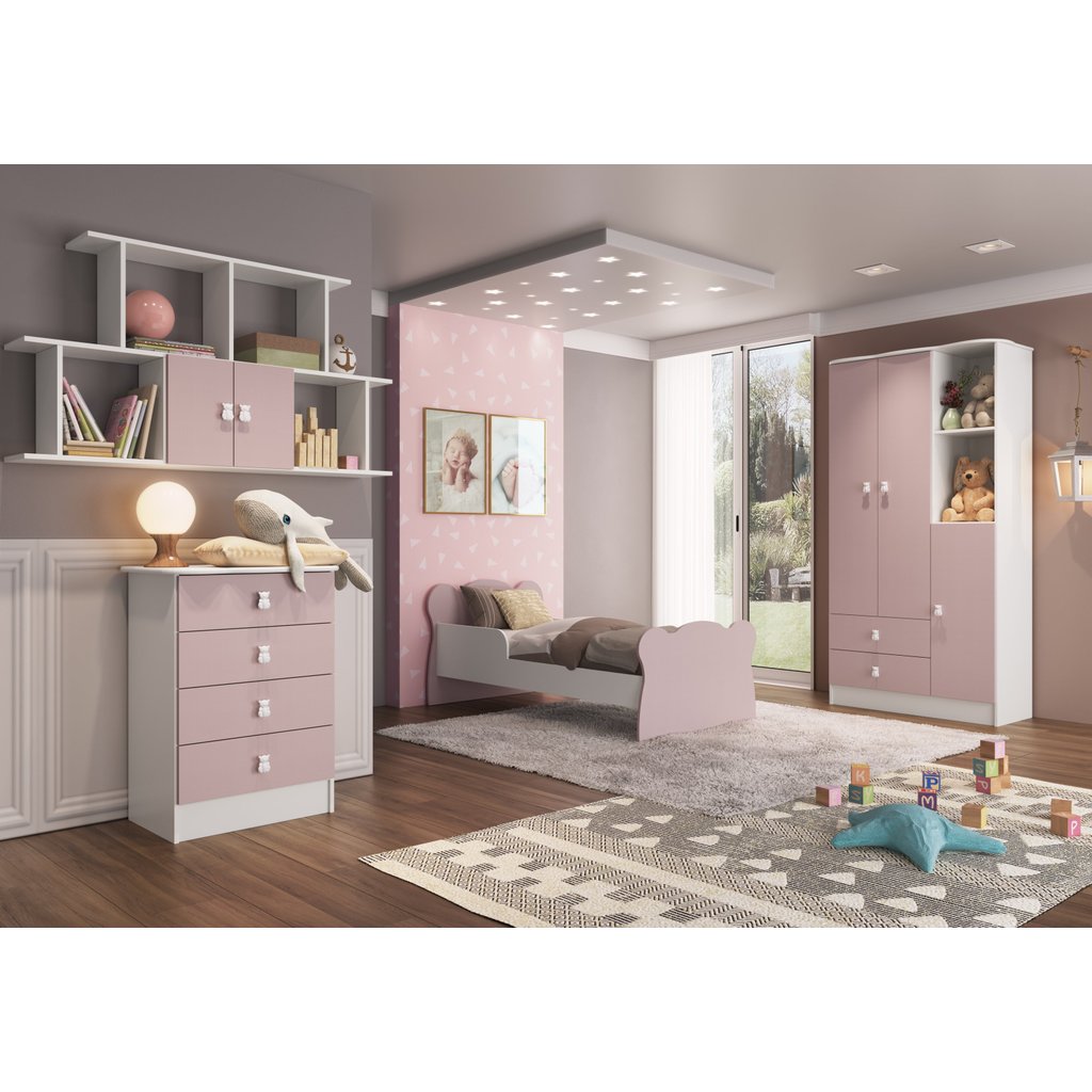 Quarto Infantil Completo Docinho com Guarda-Roupa, Cômoda, Mini Cama e Nicho Espresso Móveis Rosa/Branco Branco/Rosa