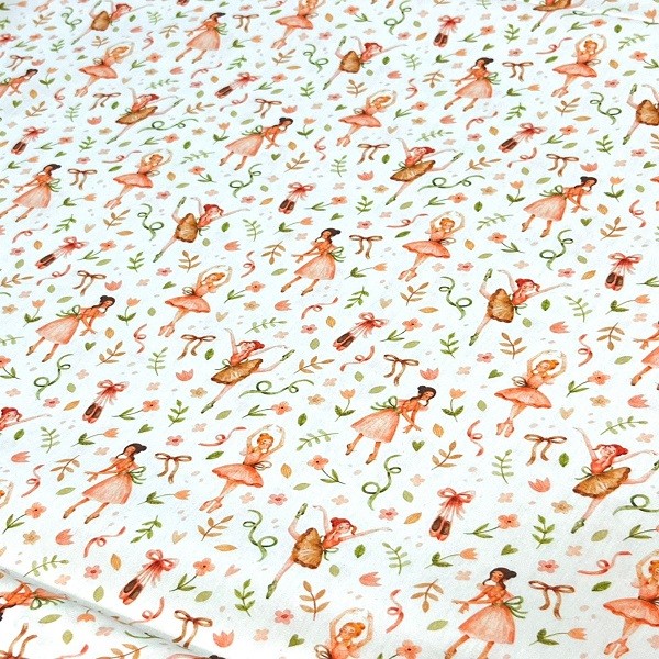 Tecido Tricoline Rotativo Bailarina e Flores Salmão