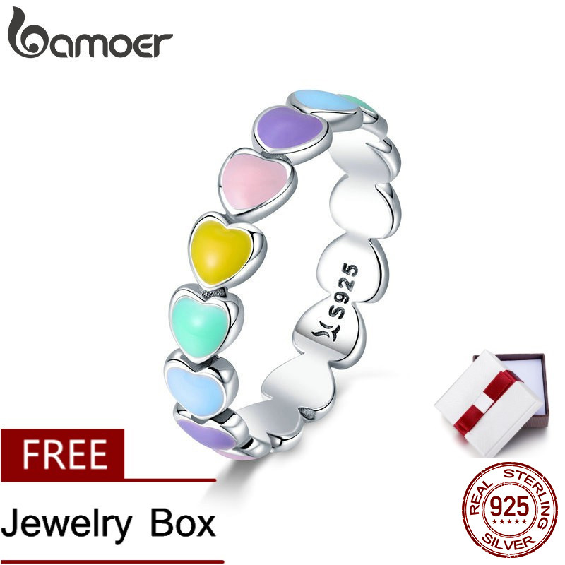 Bamoer 925 Prata Esmalte Arco-Íris Coração Anel Meninas Moda Festa SCR444