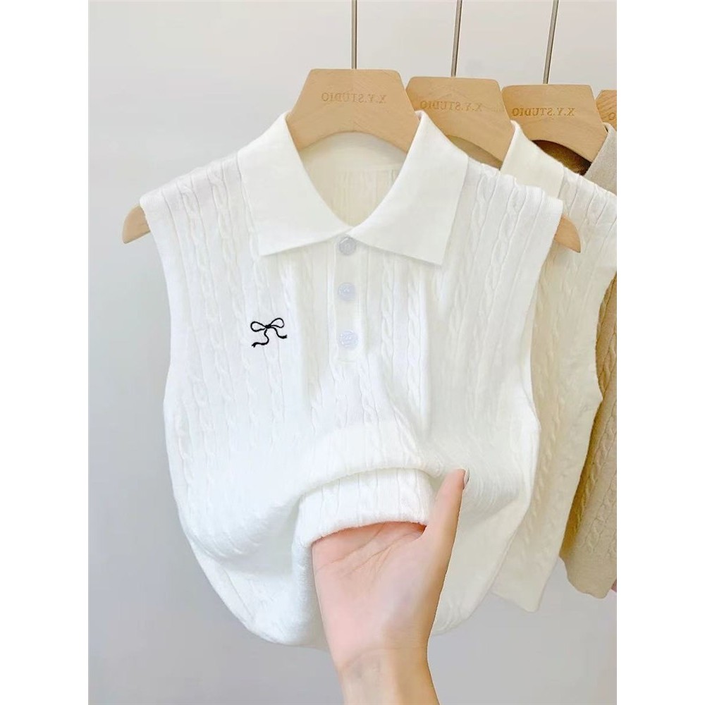 Início do outono novo estilo gola Polo camisola de malha colete sem mangas superior camisola feminina verão exterior usa