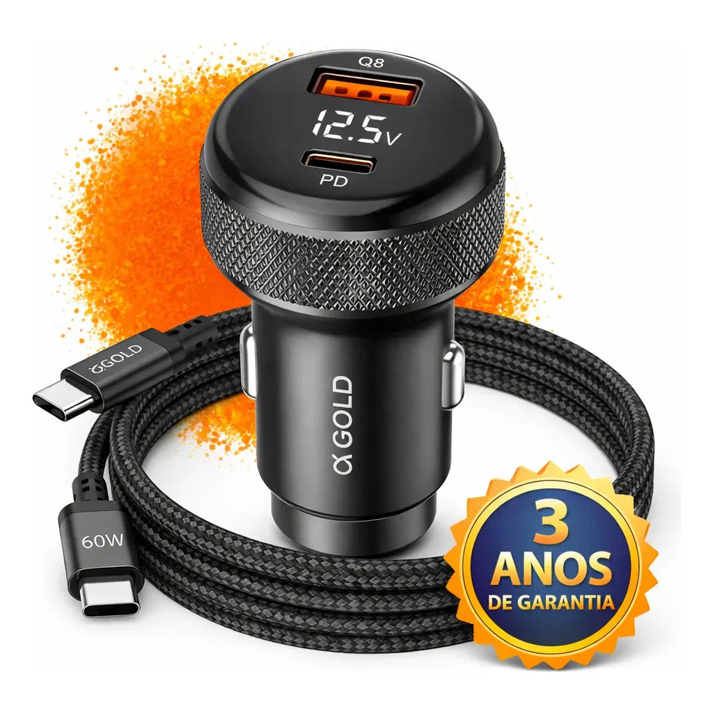 Carregador Veicular Turbo 60W Carga Rápida USB-C + USB LED Com Cabo Tipo C iPhone Android Alta Velocidade
