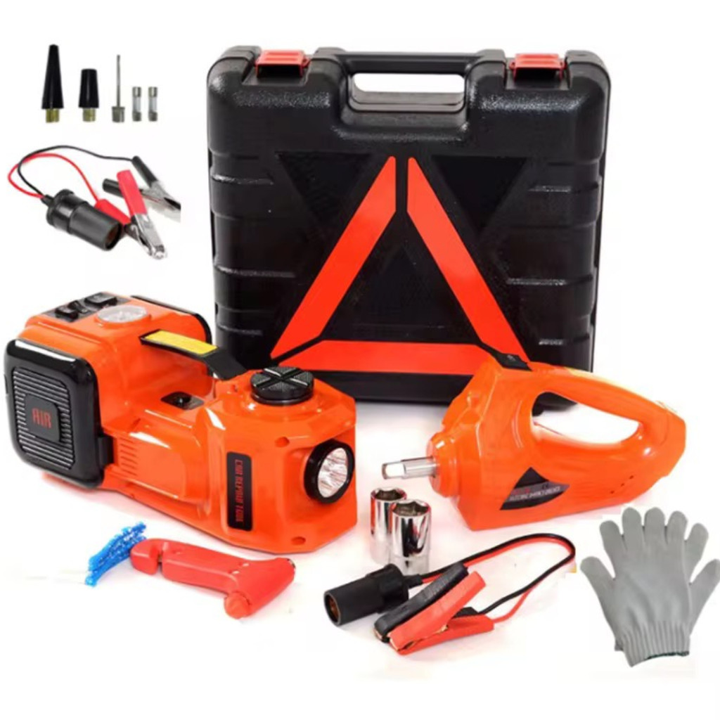 Kit 3 em 1 Macaco Elétrico 12V 5 Ton Bomba de Ar Chave de Impacto Martelo com Maleta Completa VPL-8001