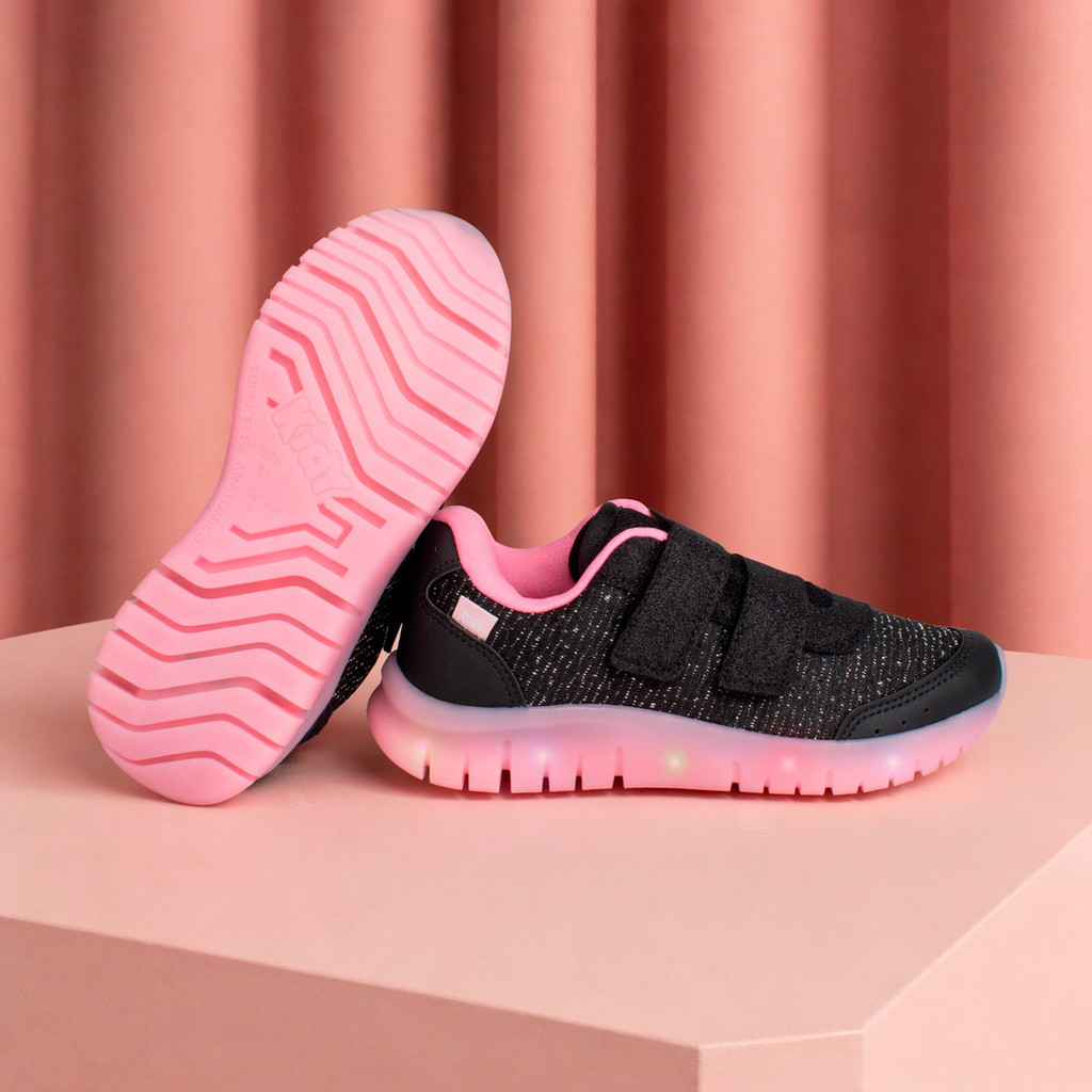 Tênis Infantil Menina Kidy Light Fun Preto Casual Confortável Leve Anatômico Antiderrapante Luz Led