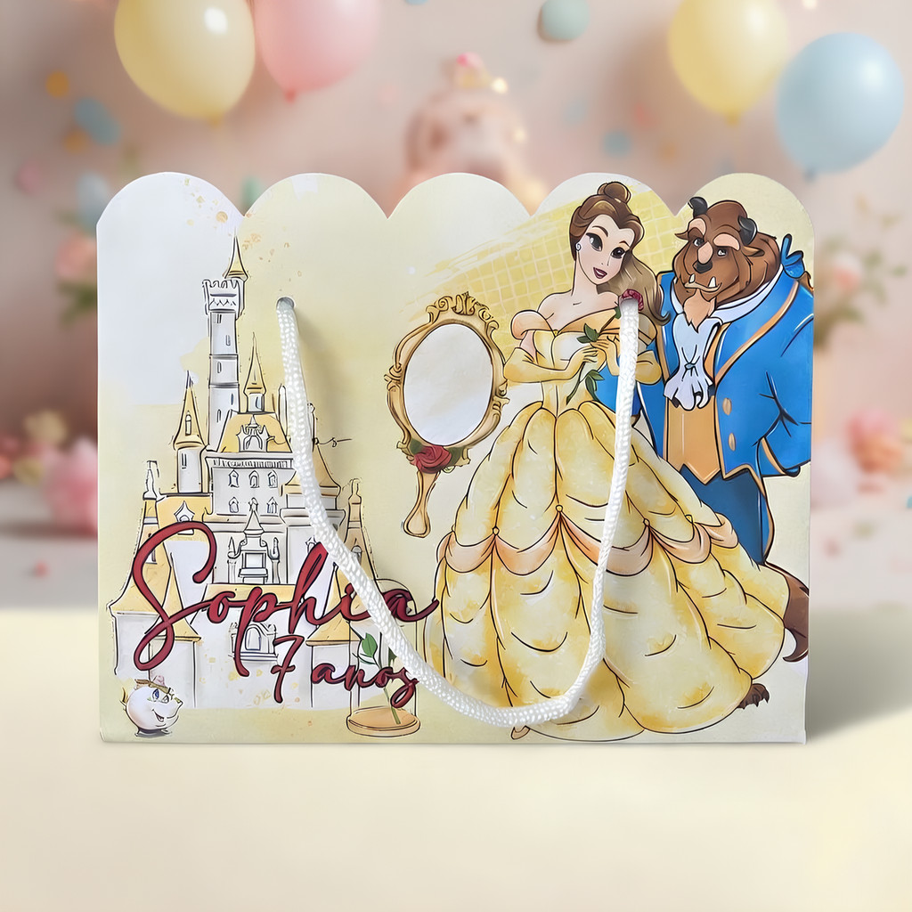 Kit Sacolinha Sacola Papelaria Personalizada A Bela e a Fera Sacolinha de Lembrancinha Caixinha para Festa