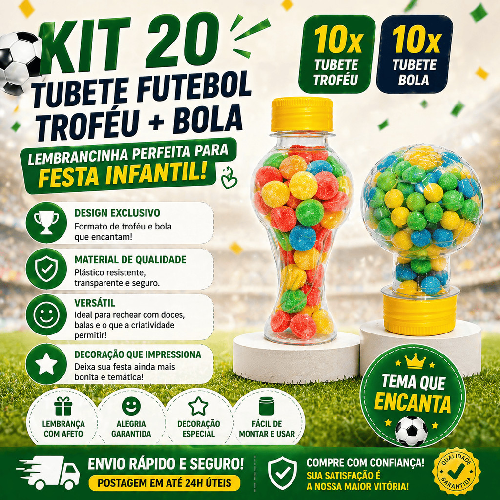 Kit 10 Tubete Futebol Troféu + 10 Bola Lembrancinha Festa Infantil Aniversário Decoração