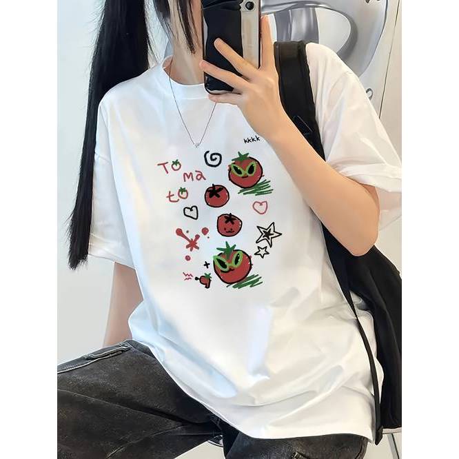 「BR.Moonlight」Camiseta Feminina Tomate Fofa Verão Casual Confortável Divertida Estilosa Moda Casual