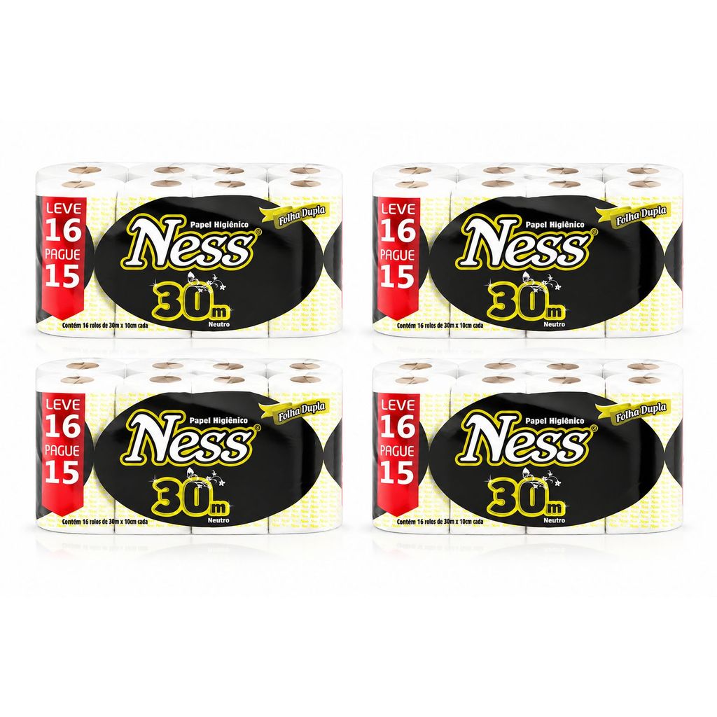 Papel Higiênico Folha Dupla Ness Ultra Macio Neutro Fardo 64 Rolos de 30m  Alta Maciez, Resistência.
