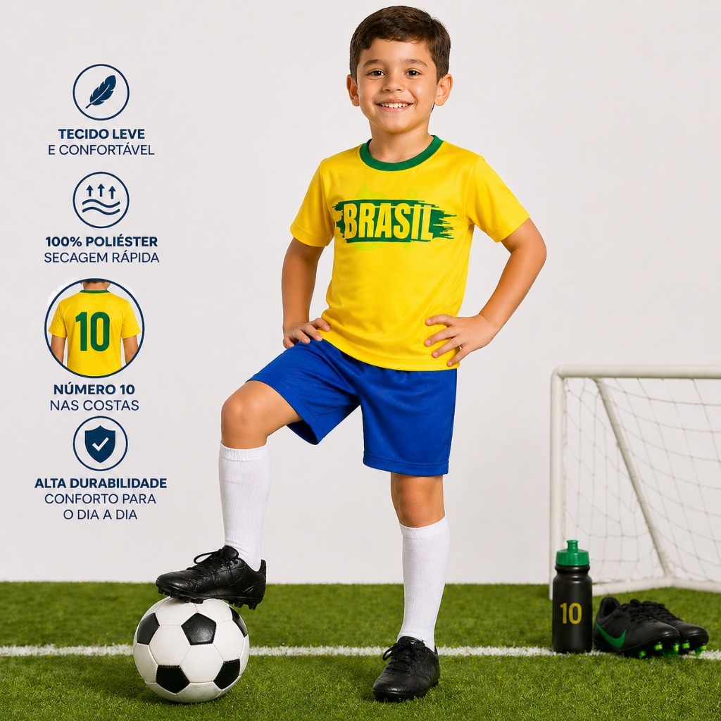 Uniforme Brasil Infantil Futebol Copa Seleção Brasileira - Conjunto Camisa & Short Menino