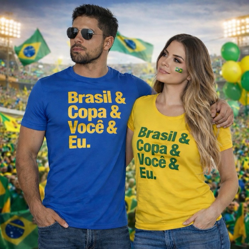 kit Camiseta Casal Brasil Copa camiseta Copa do mundo algodão 30.1 linha Premium