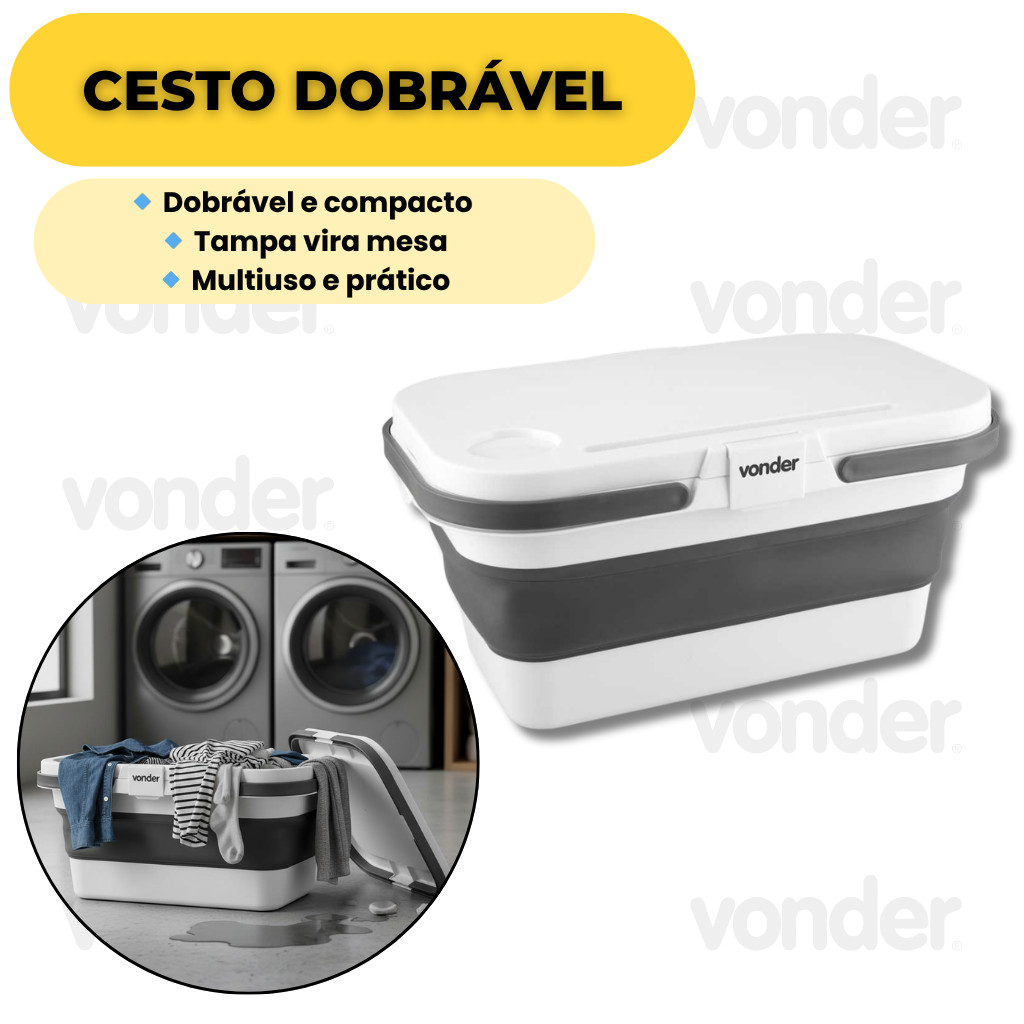 Cesto Dobrável 16L com Alças Tampa Mesa Multiuso Camping Praia Vonder Compacto Portátil
