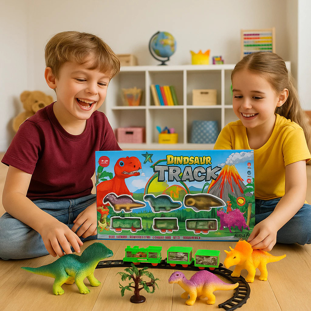 Trem Elétrico Dinossauros Trilhos Locomotiva Vagões Pista Montar Brinquedo Luz Som Criança Presente Educativo
