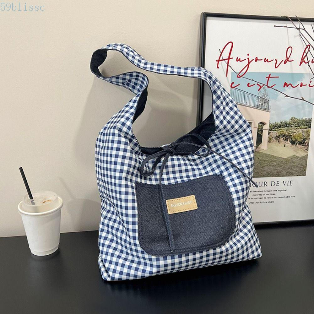 Bolsa De Colete Jeans Xadrez Dupla Face BLISSC , Ombro De Lazer Estilo Japonês , Sacola De Lona De Pano