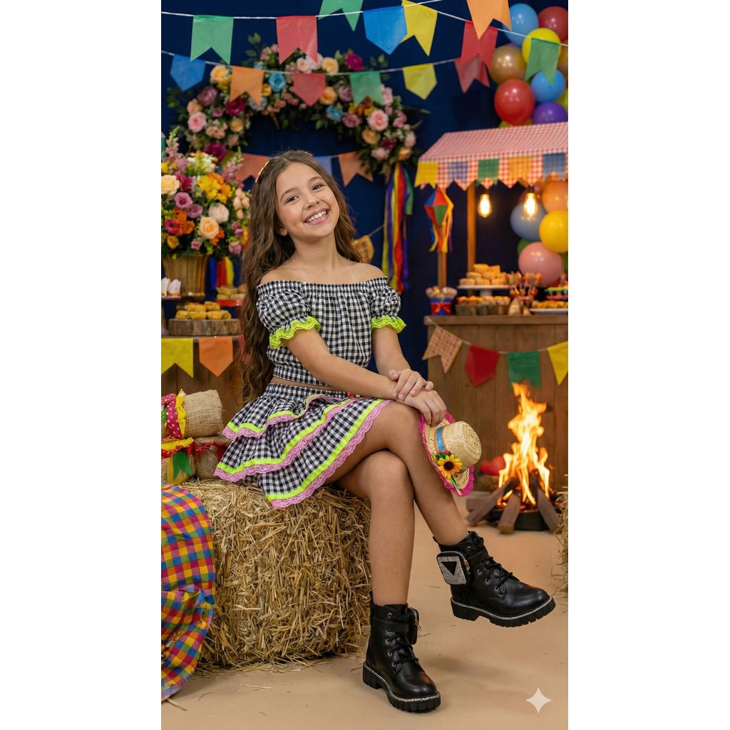 Conjunto Junino Banana Club Luxo Gabriela Xadrez Preto - Estilo Delicado para o Dia a Dia | Bebeloo Kids