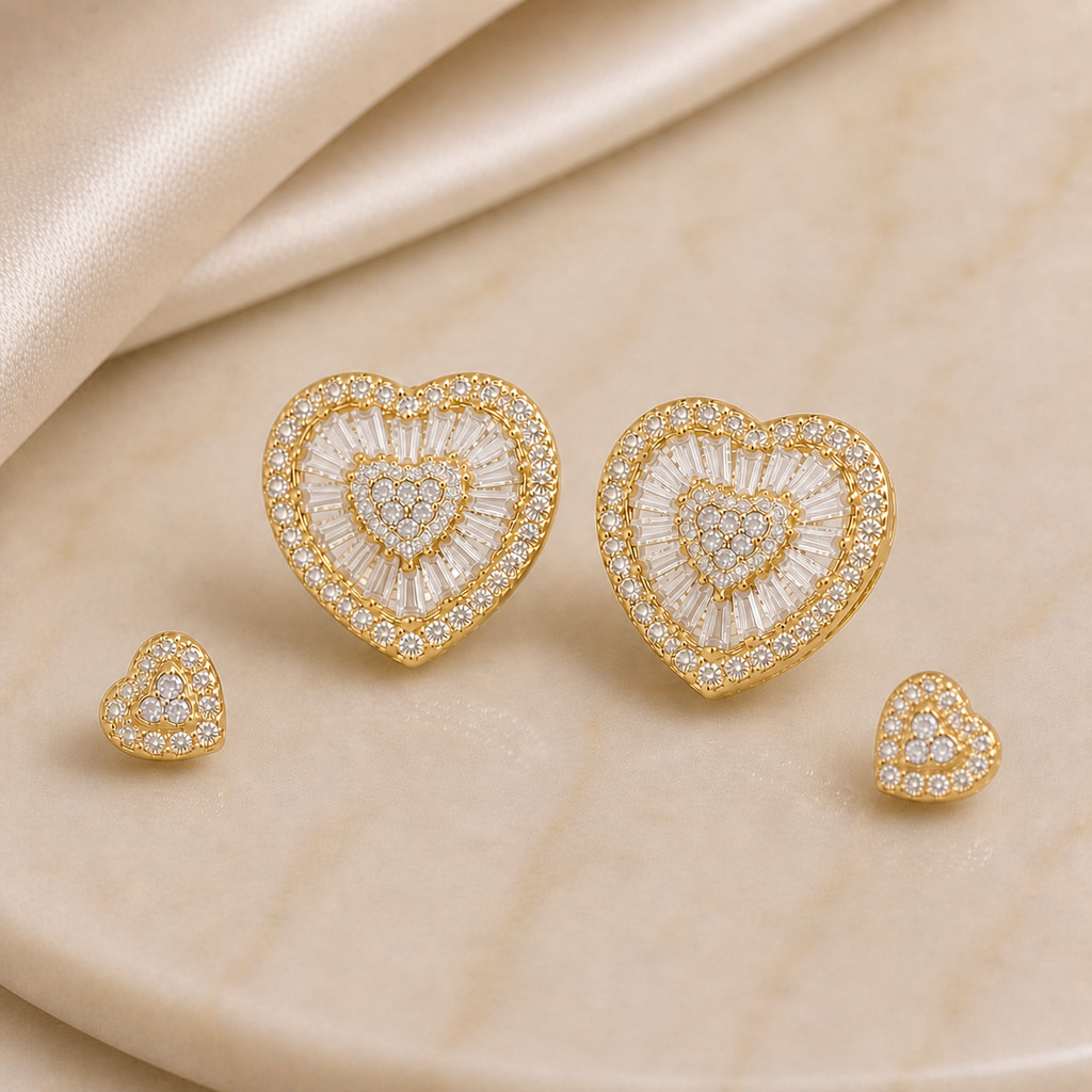 Detalhes do Brinco Coração Baguete Cravejado Banho Ouro 18k Banho Ródio Feminino Semijoia