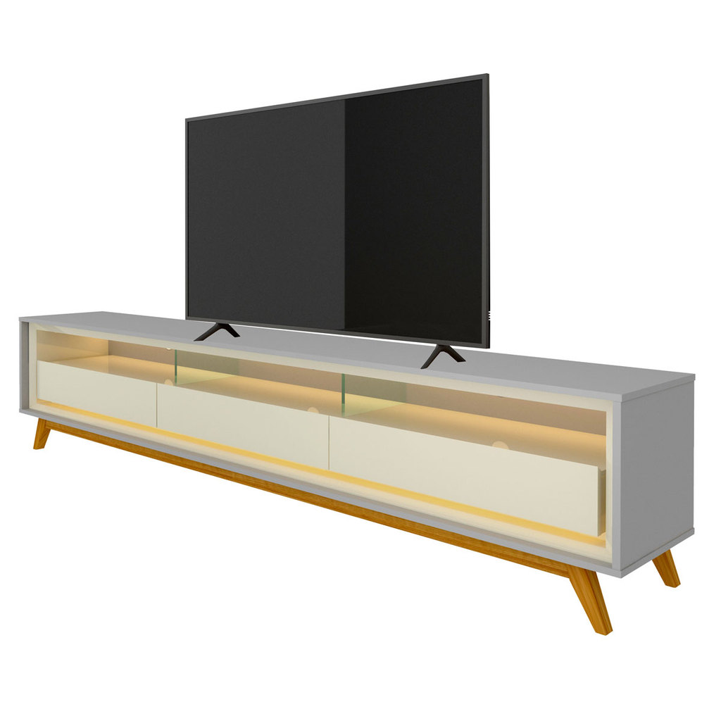 Rack para Sala TV até 65 Polegadas Retrô com LED 3 Gavetas MDF Pés Madeira Requinte Cinza com Off White - Gelius Móveis
