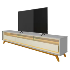 Rack para Sala TV até 65 Polegadas Retrô com LED 3 Gavetas MDF Pés Madeira Requinte Cinza com Off White - Gelius Móveis