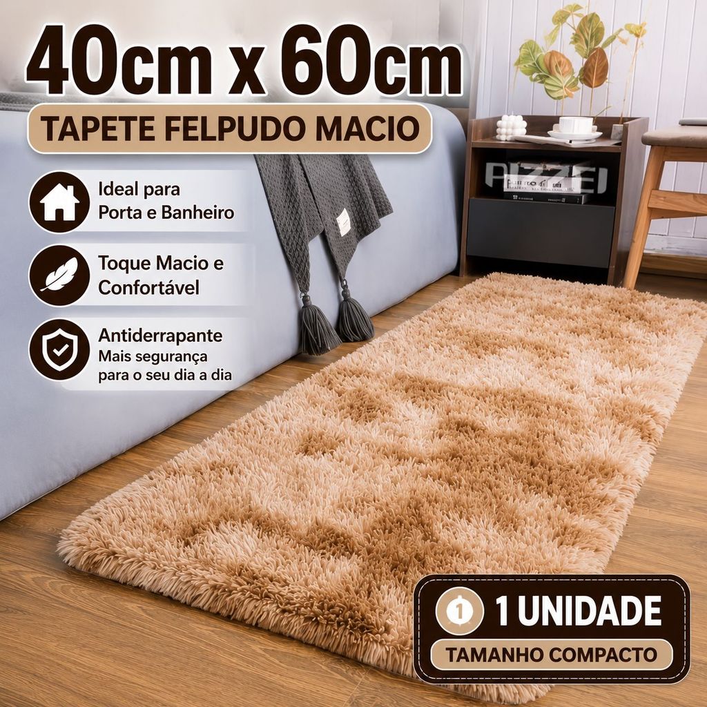 Tapete Sala Quarto Banheiro Grosso Antiderrapante Luxo Macio 40x60cm Felpudo Peludo Shaggy Cores Lavável Maciez Premium