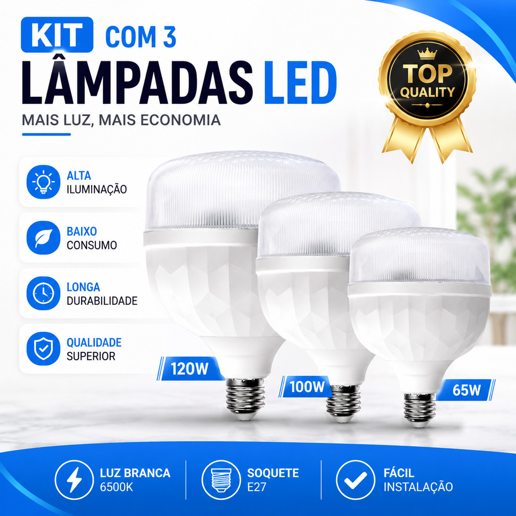 KIT 2 Bulbo Diamante LED 65W 100W 120W E27 Bivolt Lâmpada Industrial Potente Super Branca Econômica