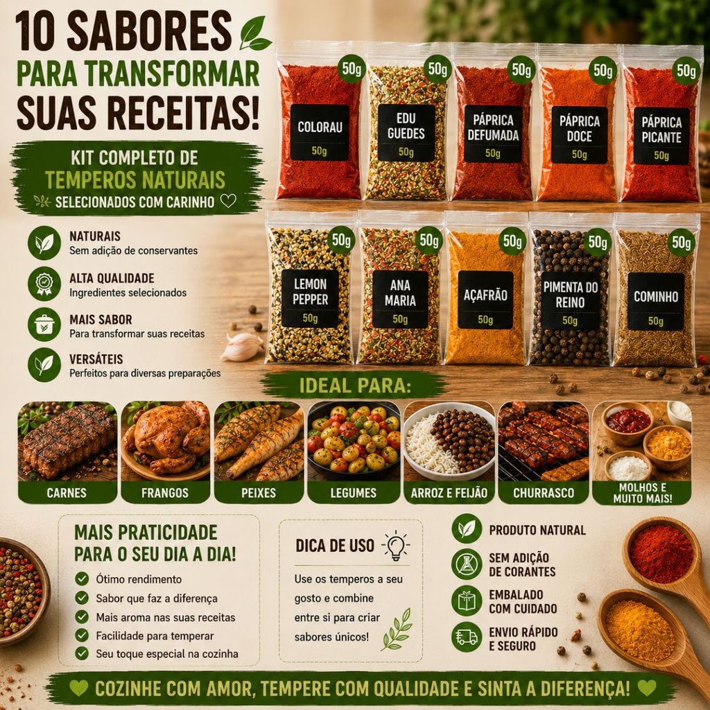 Detalhes do Kit 10 Temperos Naturais Premium 50g Cada Páprica Lemon Pepper Açafrão Cominho Colorau - Receitas