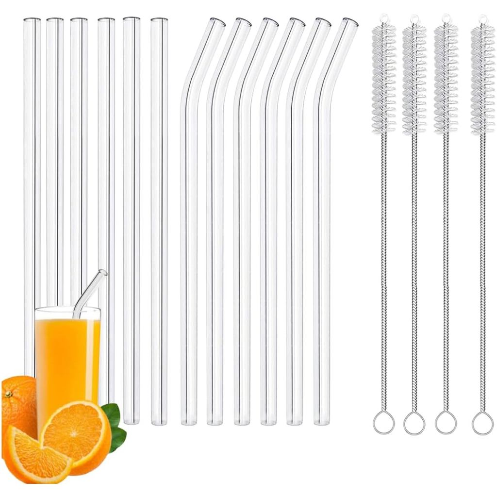 JDILOVEMART16-PCS canudos reutilizáveis de vidro transparente, 8,5 polegadas x 10MM, 6 tubos retos e 6 curvos, com 4 esc