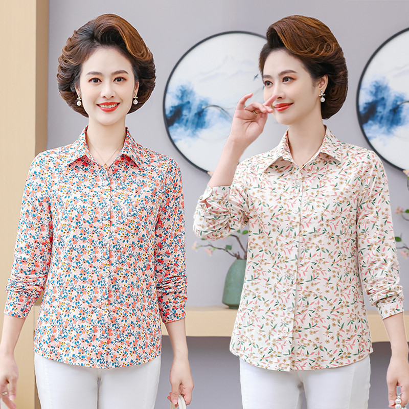 Camisa de algodão feminina de meia-idade idosos primavera outono camisa xadrez de manga comprida solta estilo ocidental 