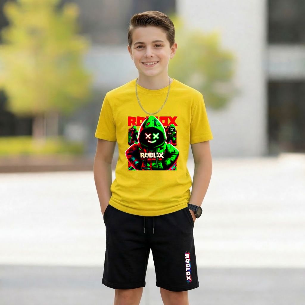 Conjunto Roblox Estilo: Camiseta estampada Short Preto 100% Algodão Confort Premium Presente Criança Tendência 2026