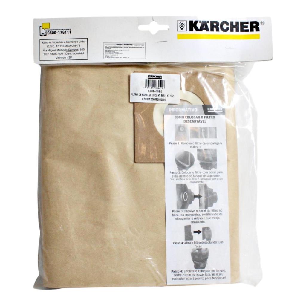Filtro de Papel (3 Und) P/ Aspirador Karcher Nt585 e Nt15/1