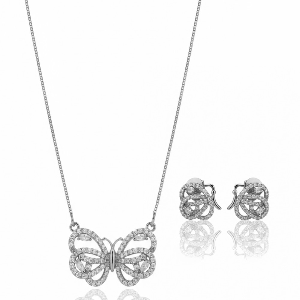 Conjunto de Colar e Brincos em Formato Borboleta Segmentada Pavé com Zircônias - PRATA - CRISTAL - LABRILHO Joias - Banh