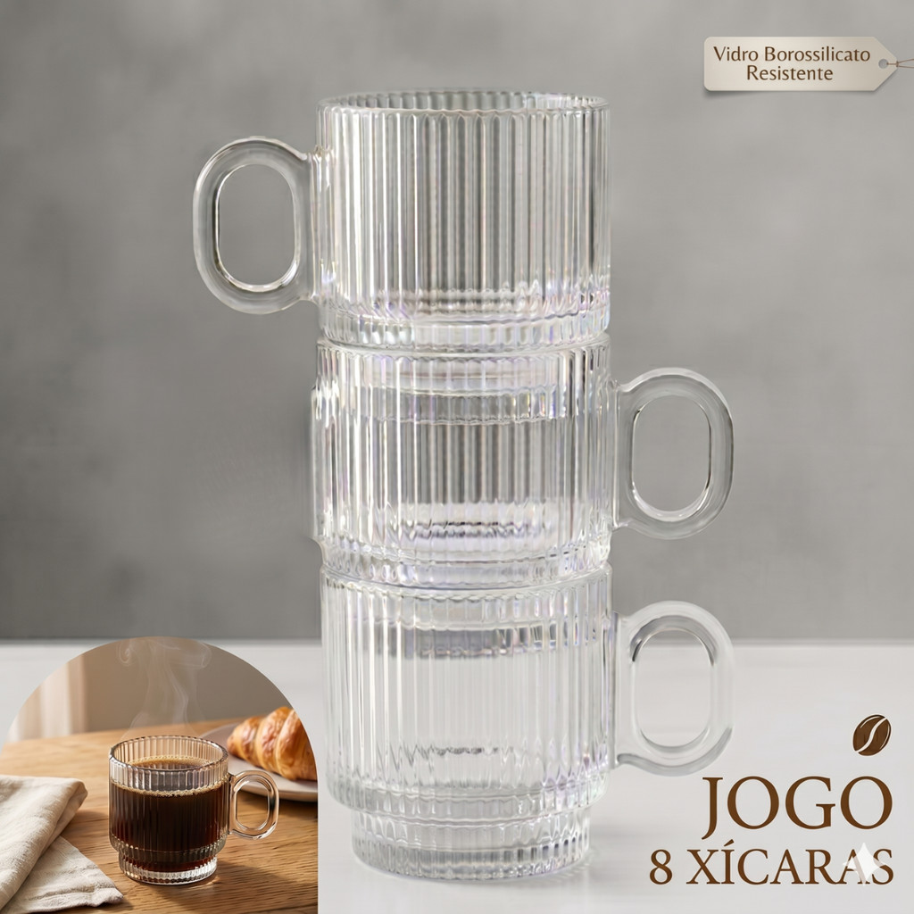 Kit Jogo 8 Xícaras Canecas Vidro Canelado Empilhável Wincy Café Chá 160ml
