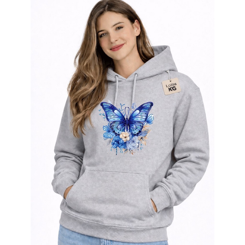 Moletom Canguru estampada Feminino BORBOLETA azul Agasalho Outono/Inverno Frio Estampado flanelado blusa de frio