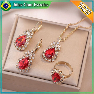 Conjunto de colar anel e brincos de zircônia vermelha em formato de gota  Joias femininas para casamento