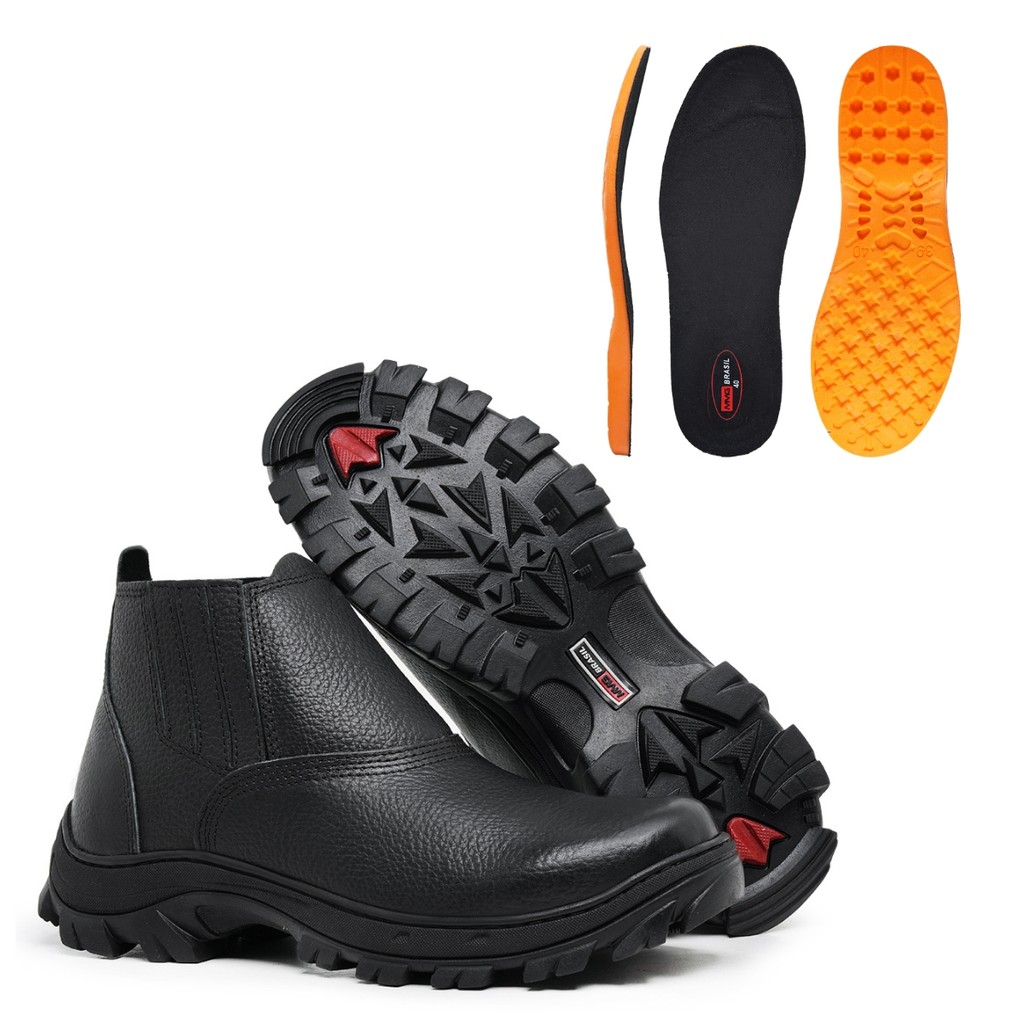 Bota Couro Bico Pvc Palmilha Gel Segurança Sola Costurada Antiderrapante Confortável