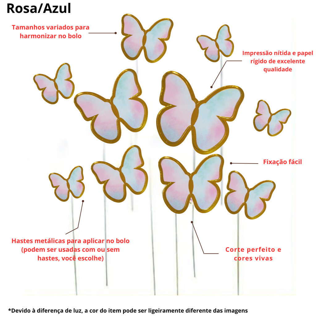 50 Borboletas 3D Rosa/Azul Decorativa para Topo de Bolo Festa Enfeite Cupcake, Aniversário Decoração