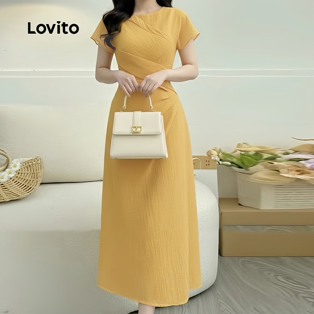 Lovito Vestido Casual Pregueado Plissado Primavera/verão Amarelo para Mulheres LK4ED483
