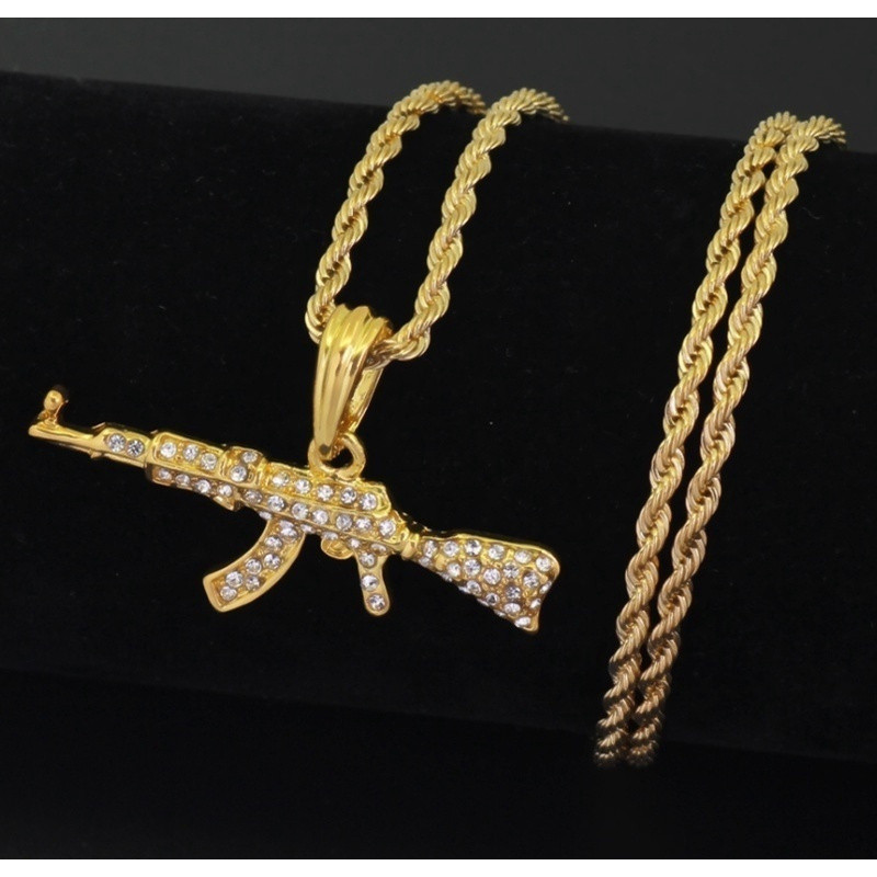 Ak47 Automático Pingente De Rifle Colar De Strass Gelo Corrente De Ouro E Prata De Jóias Hip Hop Para Homens