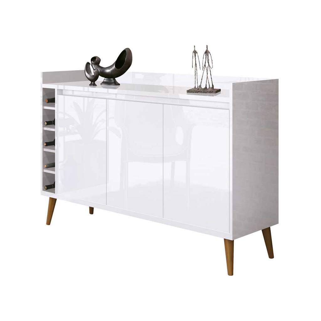 Buffet Adega Aparador Estilo Retro para Sala de Jantar Branco com 3 Portas Compacta - MoveisAqui