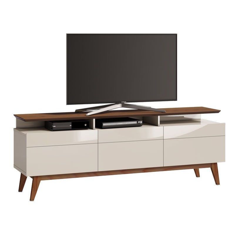 Rack Bancada Classic Para TV 60 Polegadas 3 Gavetas Compacto Off White com Freijó - Imcal Móveis