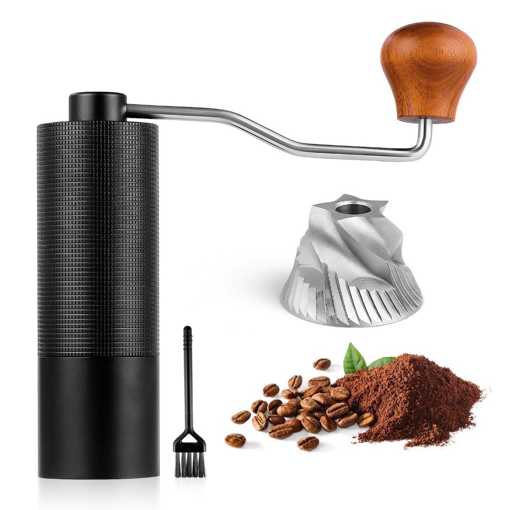 Moedor de café manual portátil de alta qualidade com mós cônicas em aço inoxidável e regulagem de temperatura.