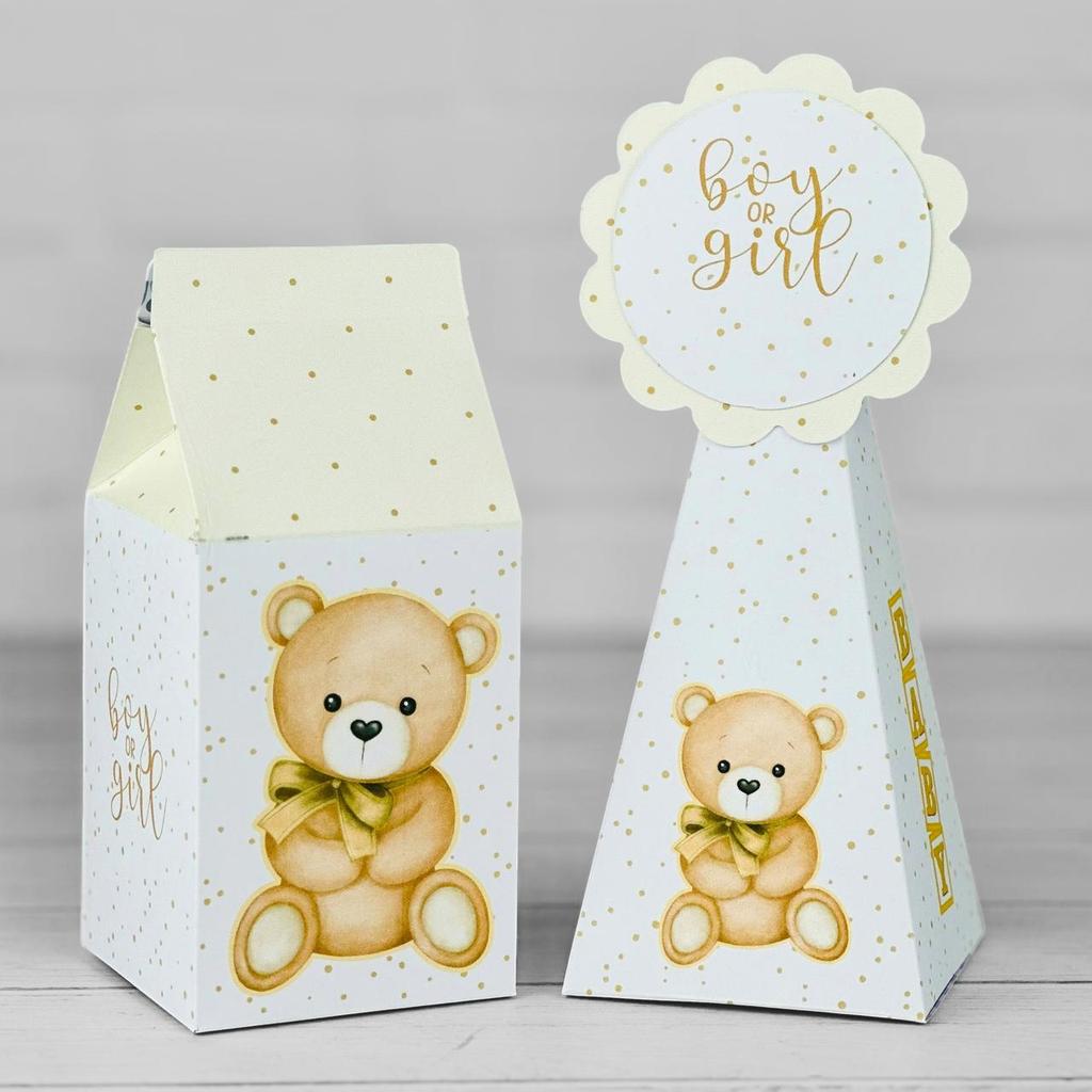20 Caixinhas CHÁ REVELAÇÃO NEUTRO Dourado Bege Ursinho - PEGUE E MONTE  Kit Festa Lembrancinhas Caixa Milk Pirâmide