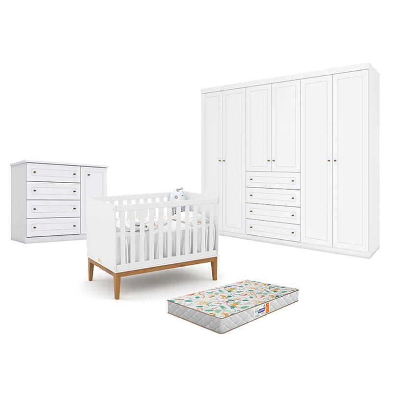 Quarto de Bebê Americano 6 Portas com Berço Americano Unique Branco Soft Eco Wood - Matic - Henn e Colchão Gazin