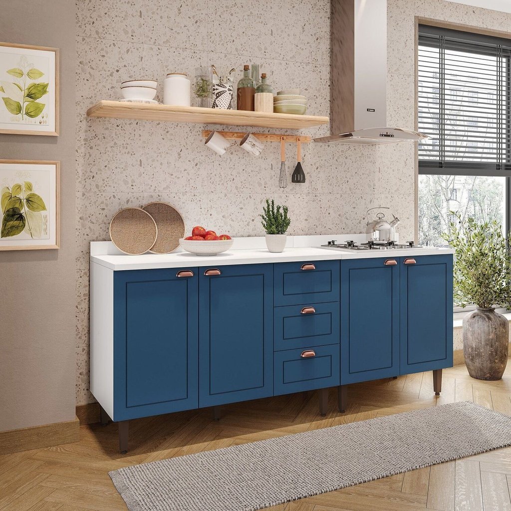 Cozinha Pérola com Tampo 2 Peças Balcão 2 Gavetas 3 Portas e Balcão 2 Portas Yescasa Azul/Branco Azul/Branco