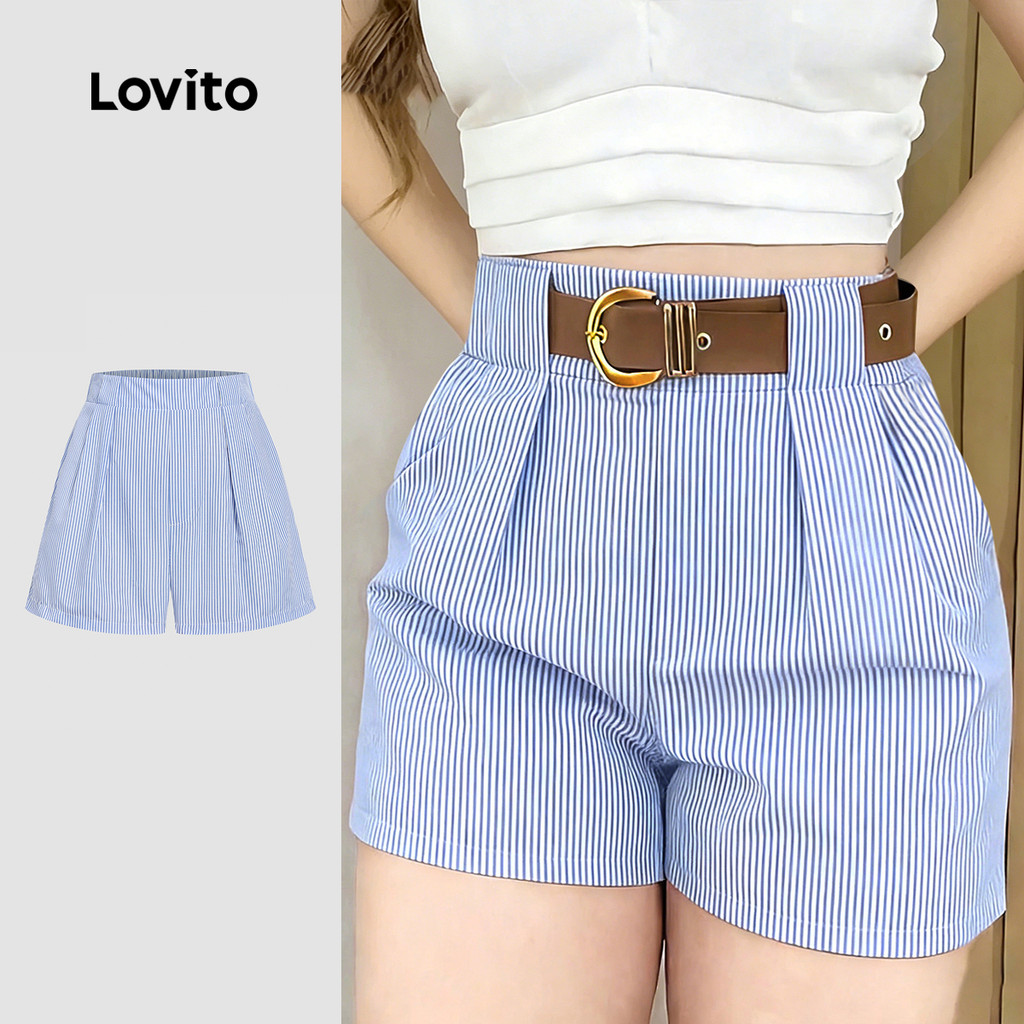 Lovito Shorts Casuais Plissados Lazer Shorts Azul para Mulheres L177ADD126