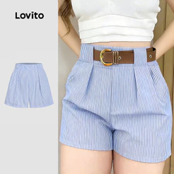 Lovito Shorts Casuais Plissados Lazer Shorts Azul para Mulheres L177ADD126