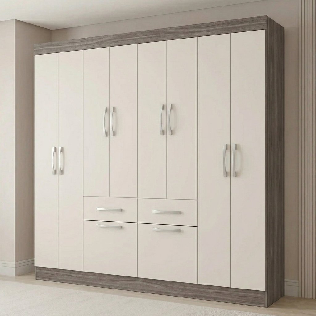 Guarda Roupa Casal 8 Portas 2 Gavetas 2 Basculantes Rubi Yescasa Off White/Castanho Offwhite Off White/Castanho