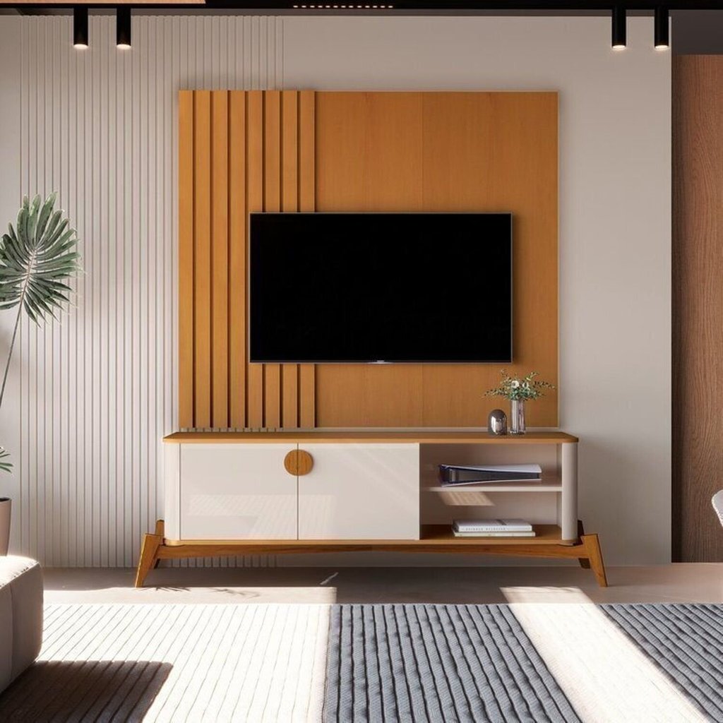 Rack com Painel Ripado para TV até Polegadas MDF 154cmx136cm Pés em Madeira Maciça 58 Polegaas Buriti Bege Nature/Off