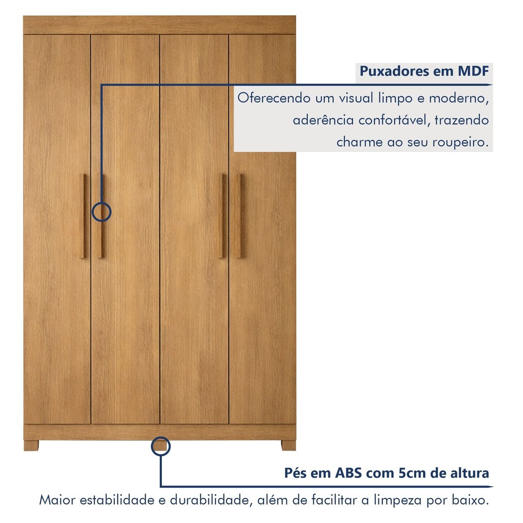 Guarda Roupa Casal 4 Portas 2 Gavetas 100% Mdf Jandaia Cinamomo