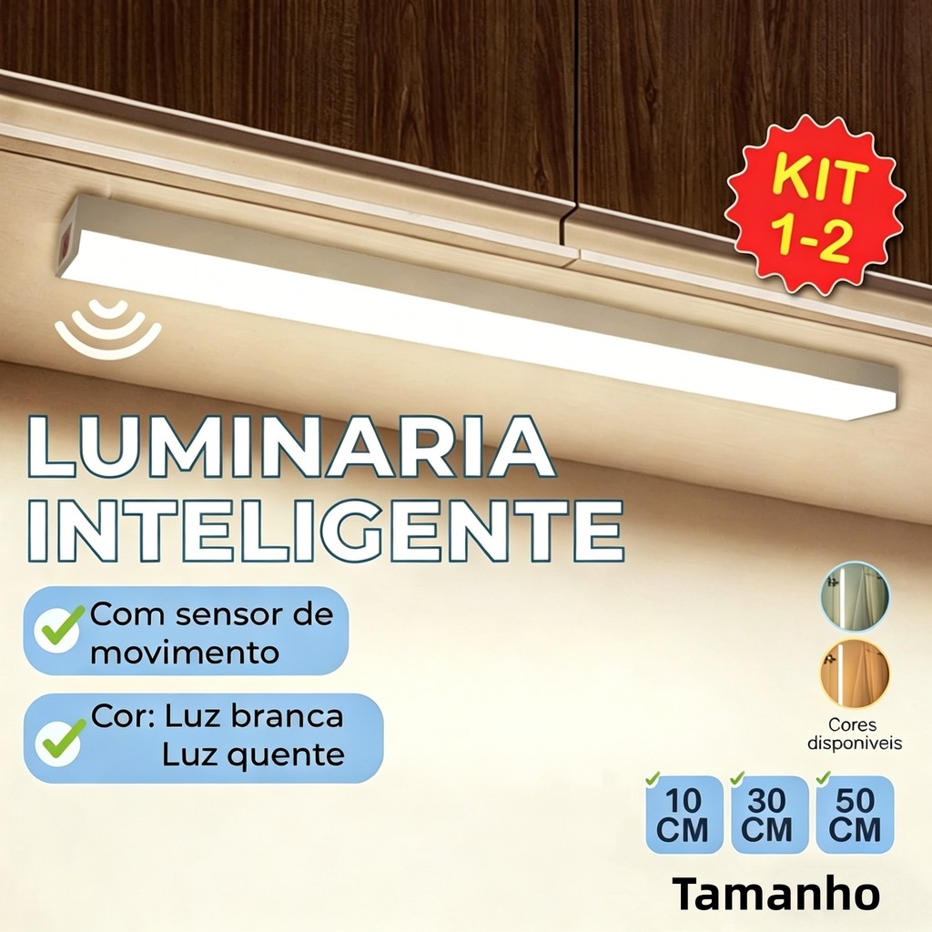 Smart Luminária Inteligente Ultra LED com sensor de movimento sem fio e Recarregável USB fino barra 10/30/50cm