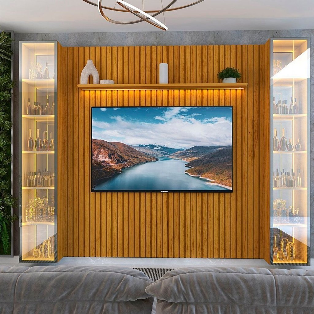 Painel Ripado para TV até 84 Polegadas com LED 100% MDF 304,8CMX217CM 2 Cristaleiras com LED e Espelho Nobre Clean
