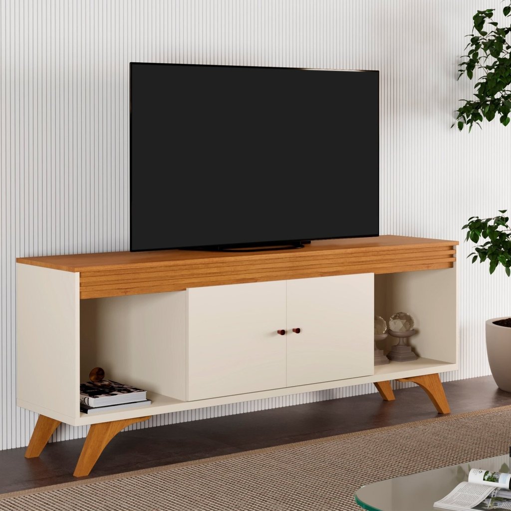 Rack Ripado para TV até 65 Polegadas 100% MDF 160cm Pés em Madeira Maciça 2 Portas Madrid Bege Off White/Naturalle