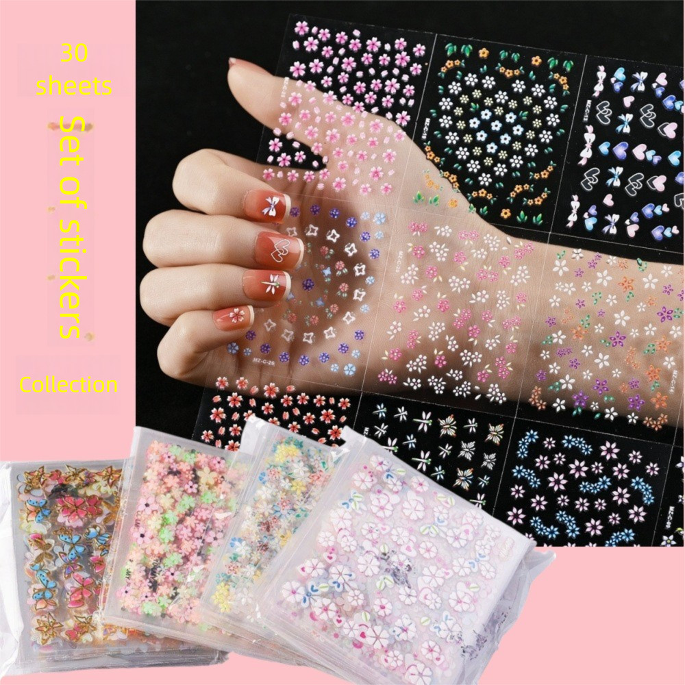 Conjunto de 30 adesivos para unhas com flores, insetos, flocos de neve, estampas coloridas em relevo dourado e adesivos